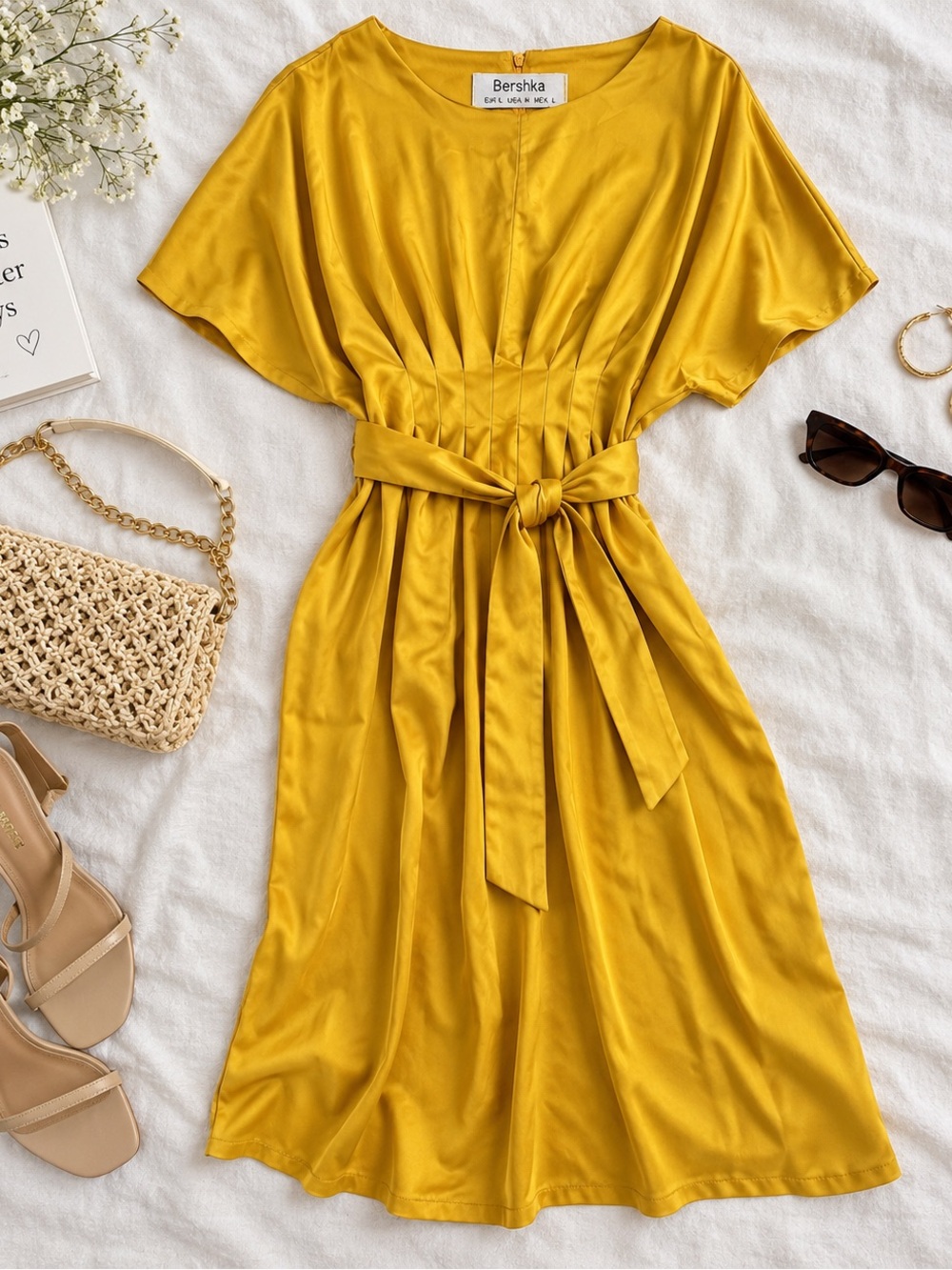 Bershka Mustard Gold Satin Midi Dress M Pleated Waist Belted Dolman Sleeve